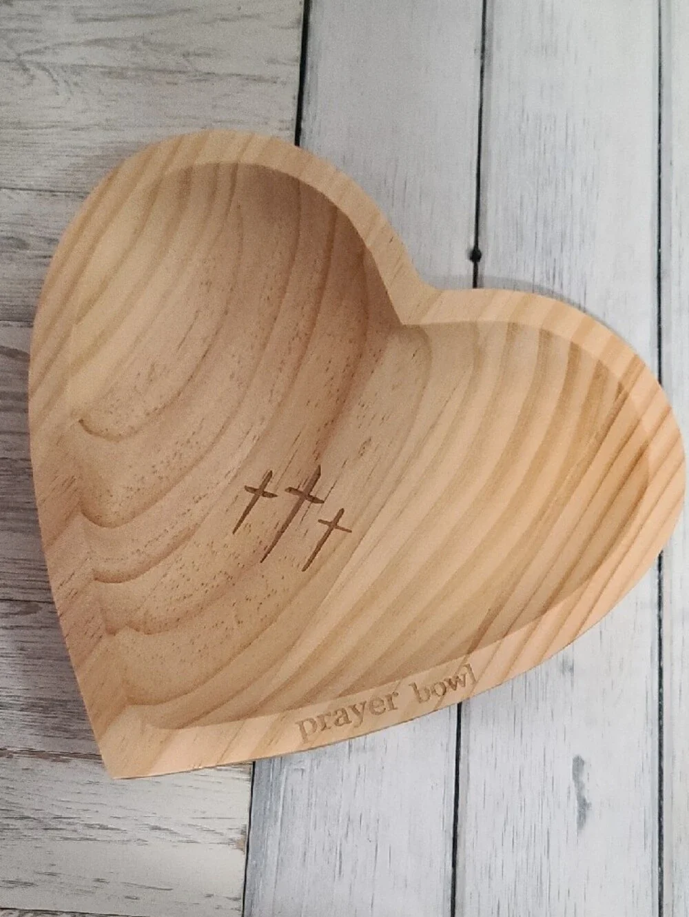 Wooden Heart Prayer Bowl - Natural Carved Wood With 3 Crosses & Prayer Cards NWT